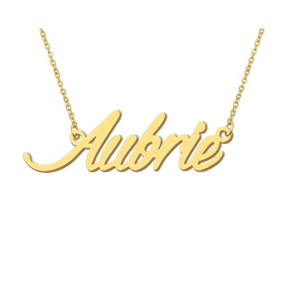HUAN XUN 18k Gold Plated Aubrie Name Necklace Stainless Steel Nameplate Necklaces for Womens Mens Mother Day Christmas Jewelry Gift