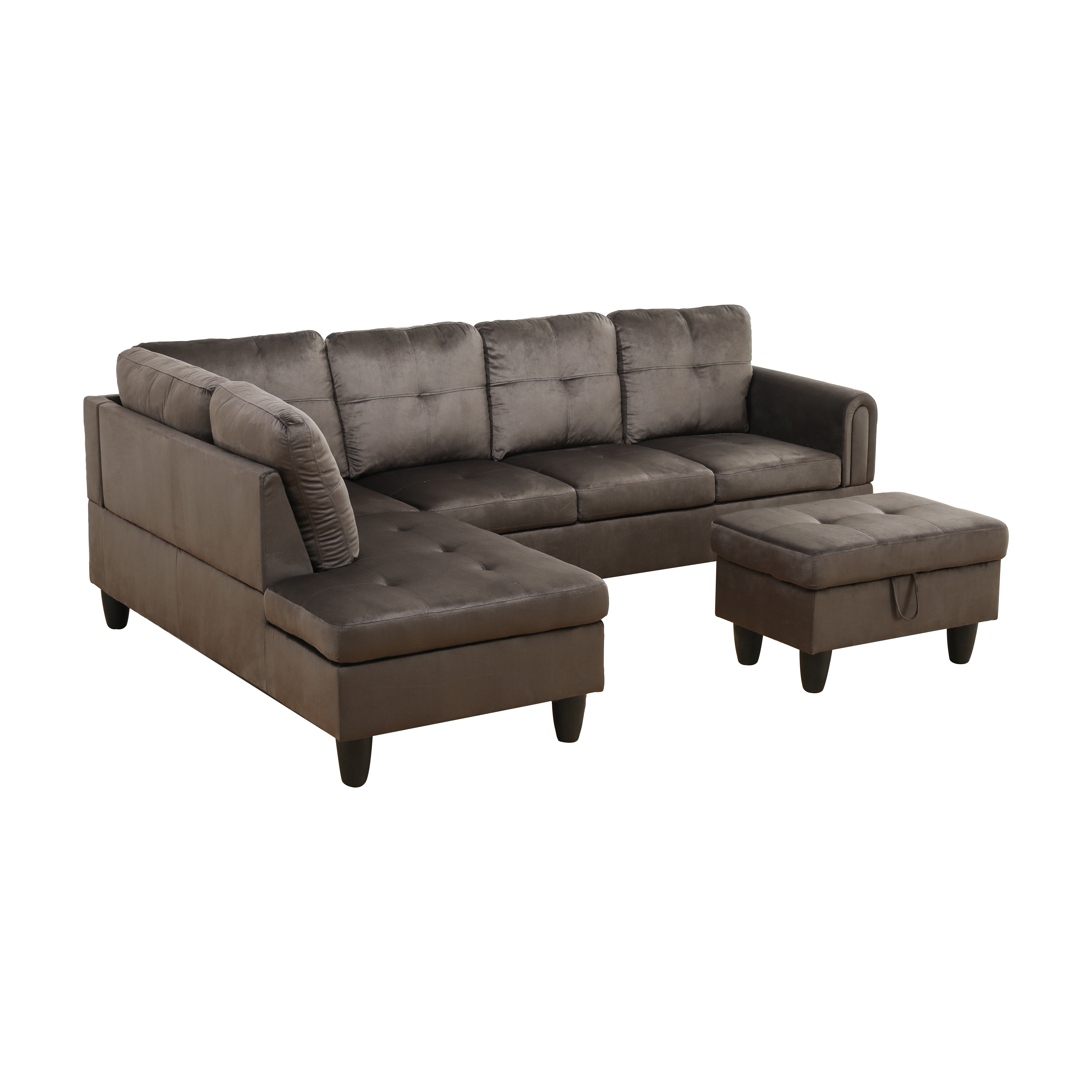 MAYEERTY 97" Flannel Sectional Sofa, 3-Piece Couch Living Room Sofa Set with Ottoman, Dark Brown (Left)