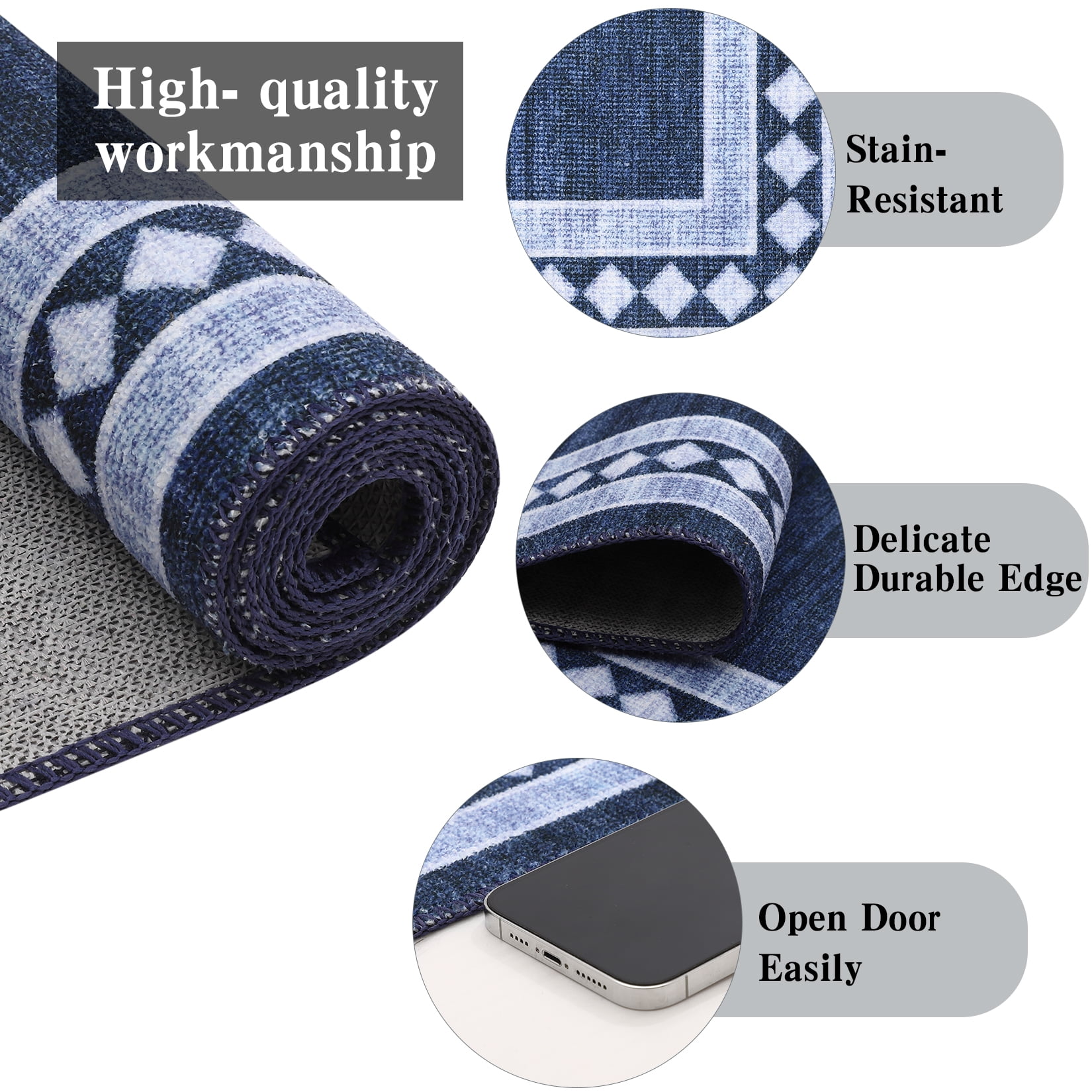 Garvee 10'x13' Modern Area Rug Solid Bordered Rugs, Washable Geometric Neutral Accent Carpet with Non-Slip Backing, Low Pile Stain-Resistant Rug for Living Room Dining Room Home Office, Blue