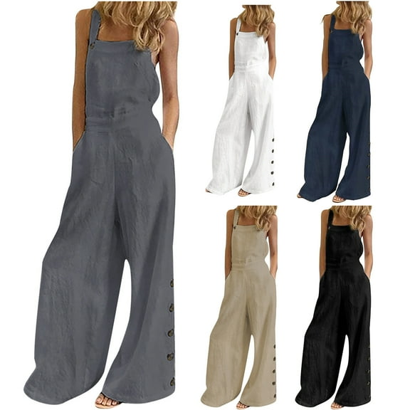 Dazajoo Women's Plus Size Jumpers and Rompers Summer Sleeveless Wide Legs Button Overalls with Pockets 2024 Casual Solid Color Spaghetti Strap Jumpsuits for Women,Black,XXXXXL