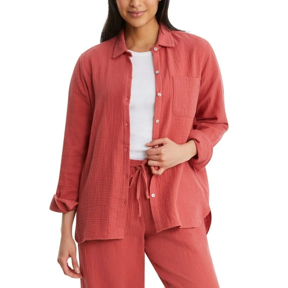 Jessica Simpson Ladies' Cotton Gauze Relaxed Fit Button Front Collared Shirt (Red, S)