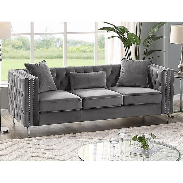 Rn Furnishings Chesterfield 86 On Tufted Velvet Contemporary Sofa Gray Com Rn Furnishings Chesterfield 86 On, Chesterfield Sofa Gray Velvet