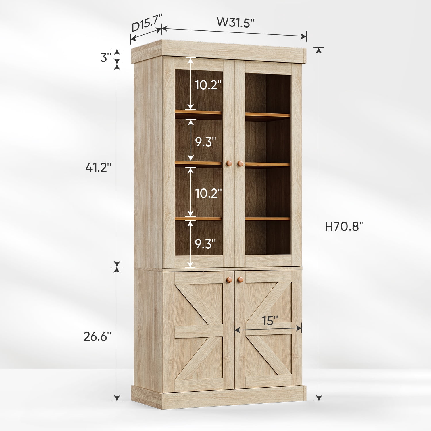 71" Tall Farmhouse Pantry Cabinet,Large Storage Cabinet with Adjustable Shelves,Kitchen Cabinets with 2 Glass Doors for Pantry,Dining Room,Living Room,Brown