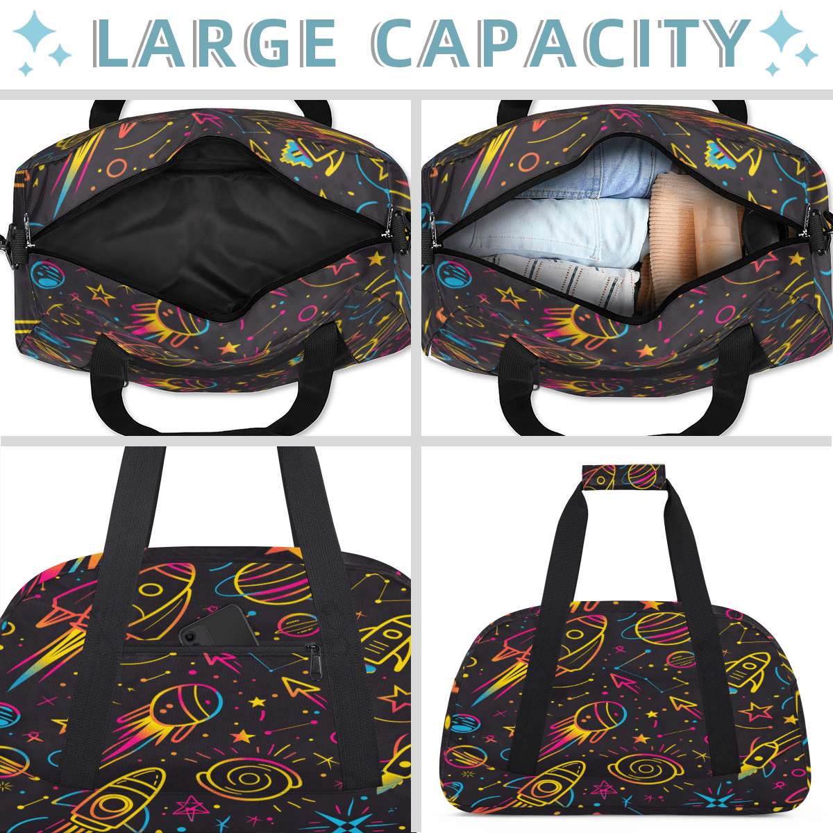 Herdesigns Rocket Planets Sports Duffle Bag for Women & Men, Outer Space Gym Bag Dance Bag Overnight Bag Carry On Weekender Travel Bag