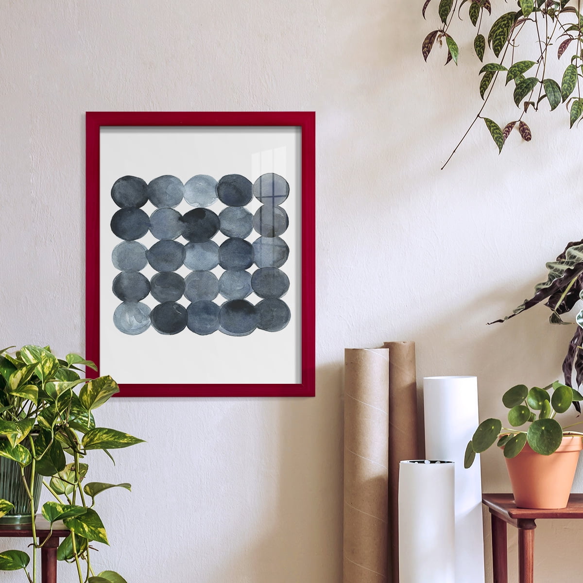 Blue Grey Density I -Framed Print w/glass-Cherry Red