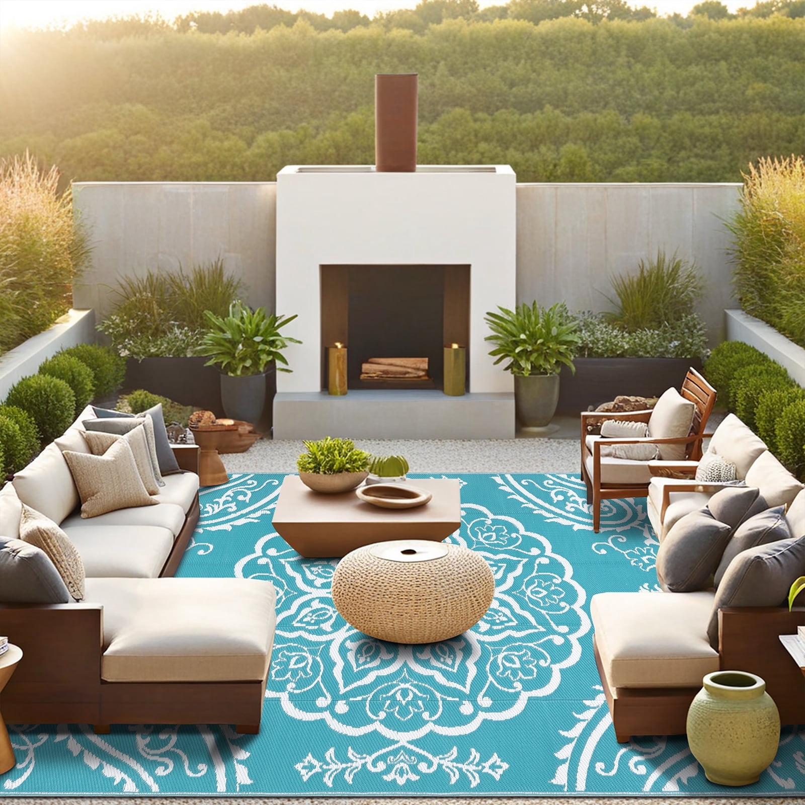 MeyJey 9'x12' Outdoor Rug, Patio Rug Waterproof RV Outdoor Rug Camping Rugs Reversible Plastic Mat for Camping, Balcony Apartment, Patio, Porch, Picnic, Beach, Teal