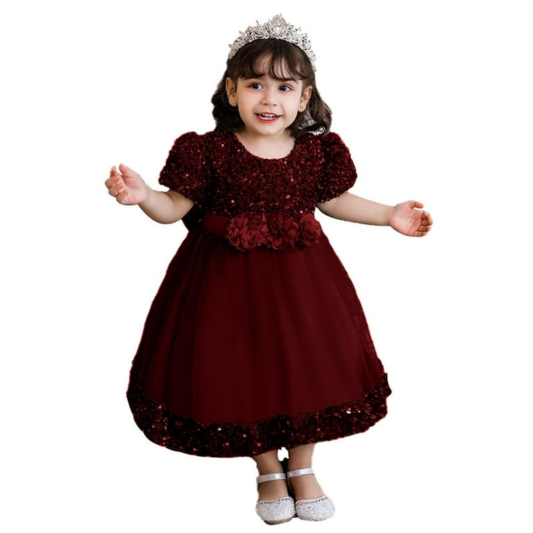 Zwiiyzr 6m-5t First Communion Dress Flower Girl Dress Elegant Lace Satin A-Line Bridesmaid Princess Dress for Wedding Party Burgundy, Infant Girl's,