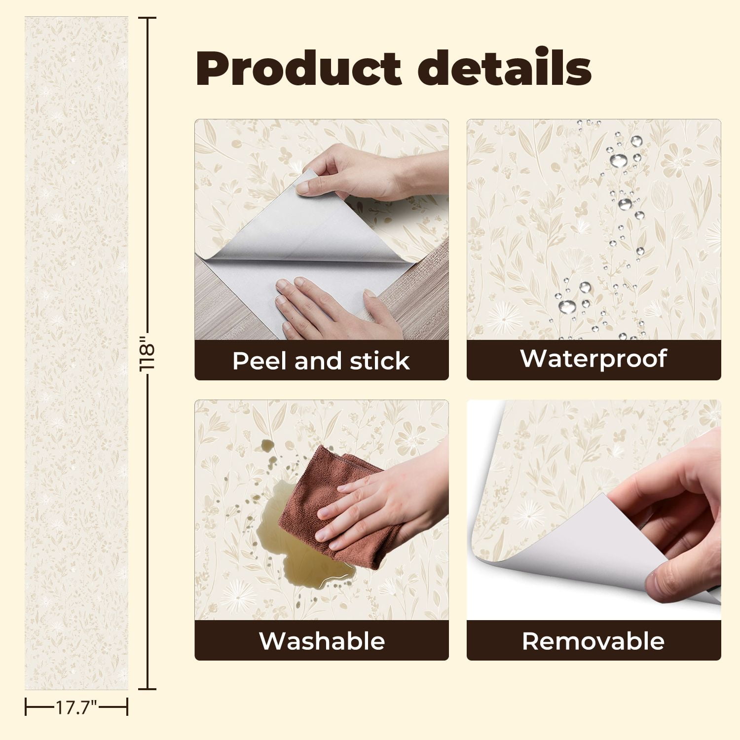 Vintage Peel and Stick Wallpaper Neutral Beige Floral Hand Drawn Flowers Leaves Wall Mural 17.7in x 9.8ft Self Adhesive Removable Wall Paper Renter Friendly Wallpaper for Nursery Bedroom