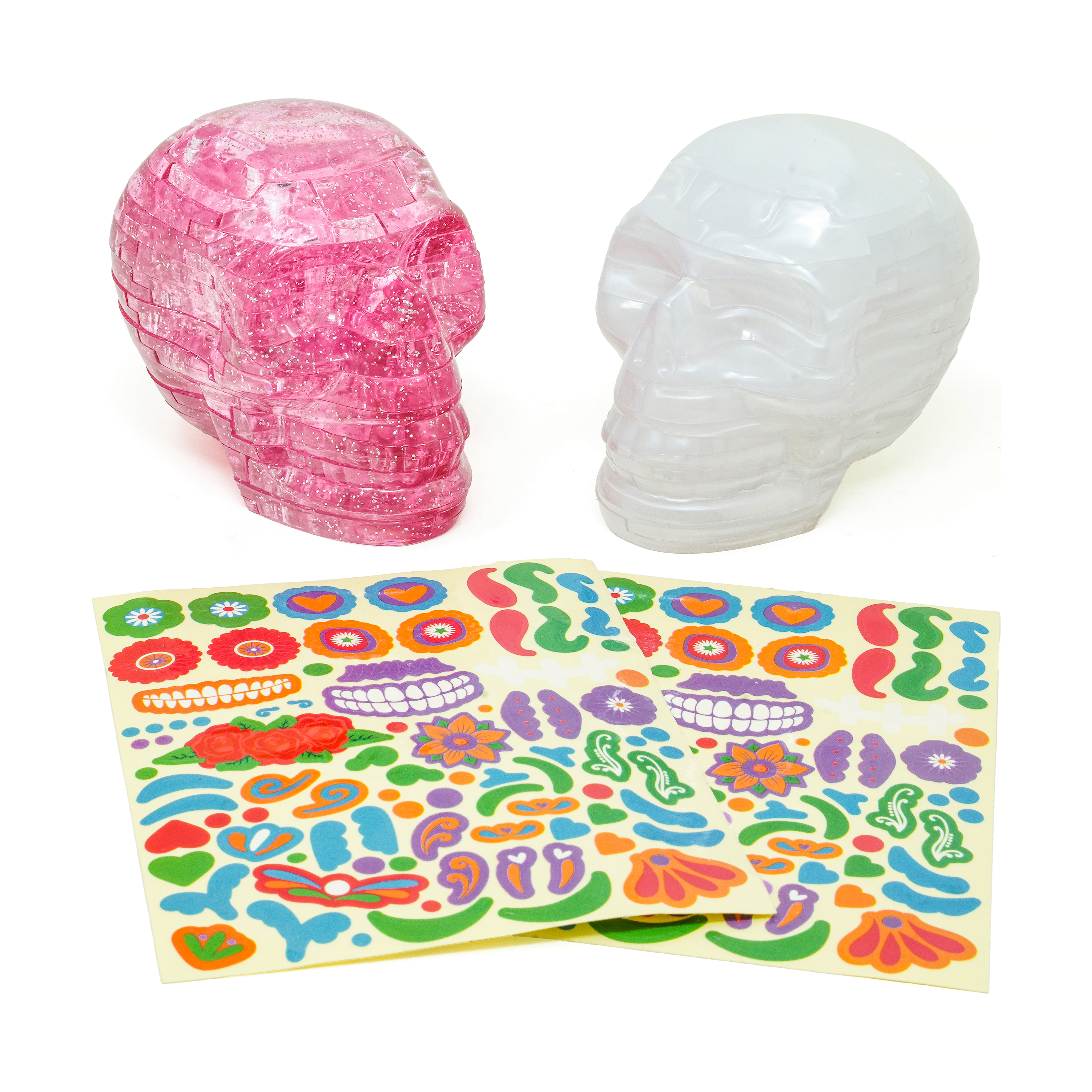AreYouGame.com 3D Crystal Puzzle - Deluxe Skulls 2-Pack Bundle with Stickers (White/Pink): 96 Pcs