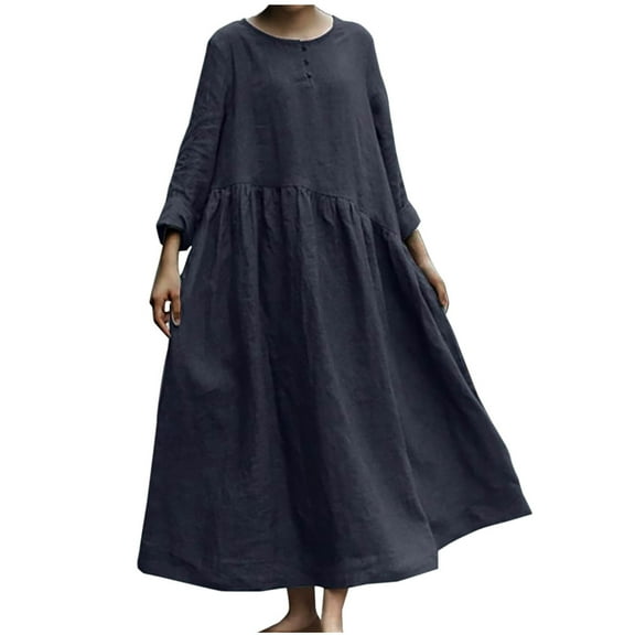 VSSSJ Womens Long Sleeve Cotton Linen Maxi Dresses Spring Summer Crewneck Solid Color Casual Ruched Swing Long Dress with Pockets Black L