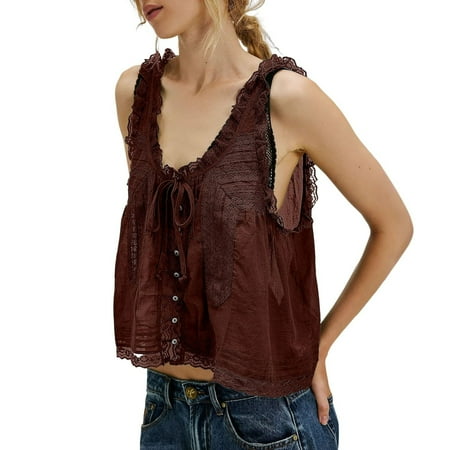 Babydoll Tops For Women  Plus Size Coastal Granddaughter Style Tie-Front Y2K Inspired Sleeveless Blouse Adjustable Lace-Up Boho Camisole Women Machine-Washable Western Brown