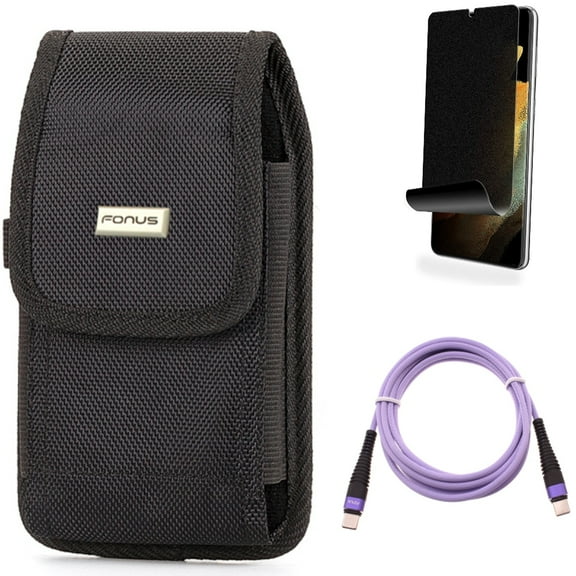 Privacy Screen Protector & Purple 10ft PD Cable & Case Belt Clip for Samsung Galaxy S22 Plus (S22 ) - Combo TPU Film (Fingerprint) Anti-Peep & Type-C to USB-C Fast Charger Cord Extra Long & Rugged