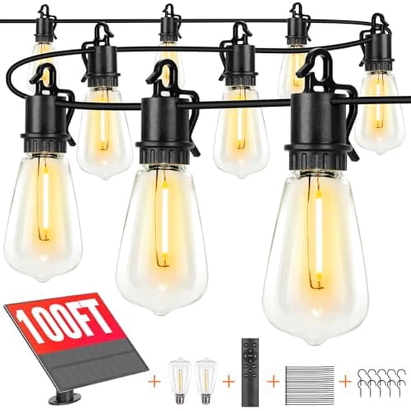 100FT Solar String Lights for Outside with 32 Shatterproof, Outdoor Light with Remote ST38 Vintage  Bulbs, Solar Lights Outdoor Waterproof Hanging Light for Outside Backyard
