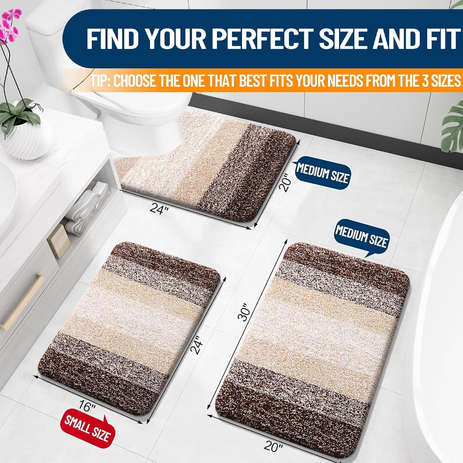 Buganda Microfiber Bathroom Rugs, 20"x30" Brown Luxury Extra Soft and Absorbent Bath Mat, Non-Slip Plush Bath Carpet