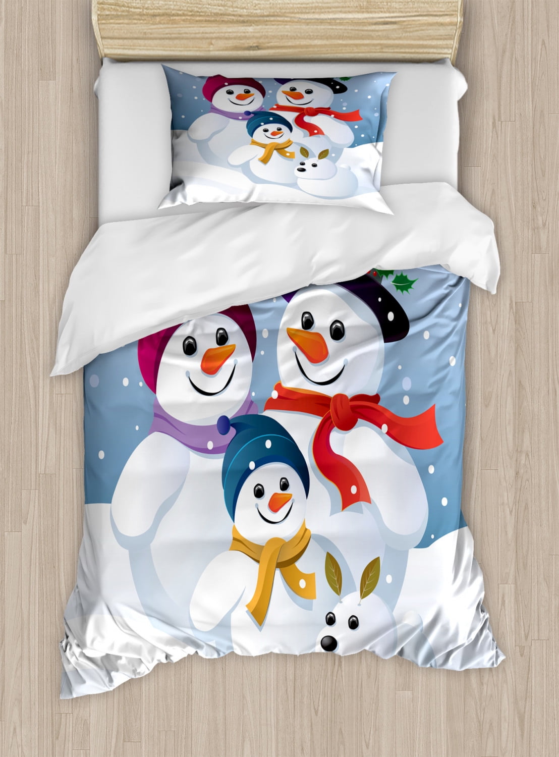 Snowman Duvet Cover Set Twin Size, Colorful Pattern of a Snowy Happy