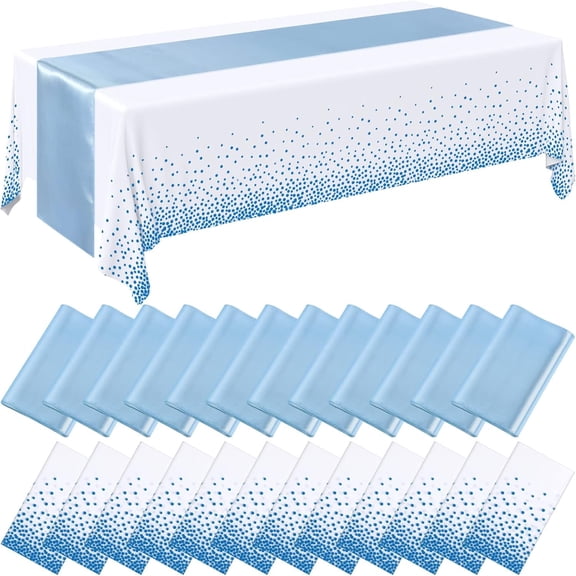 16 Packs Disposable Plastic Tablecloths and Satin Table Runner Set, 54 x 108 Inch Tablecloth Table Runners for Wedding Graduation Birthday Baby Shower
