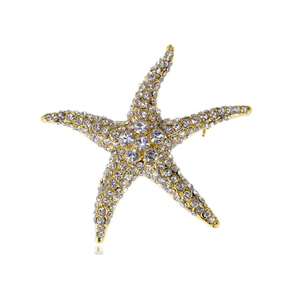 Golden Tone Shine Clear Crystal Rhinestones Starfish Sea Star Brooch Pin