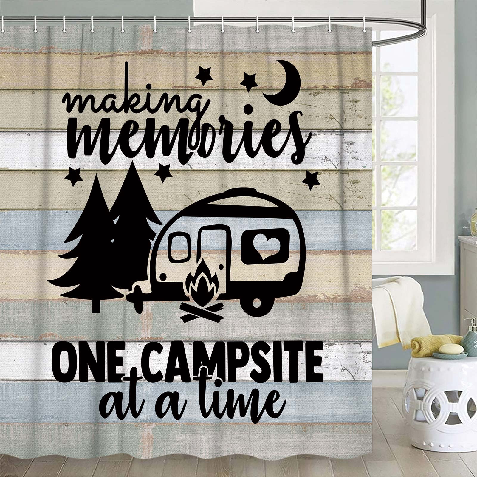 RV Camper Shower Curtain for Travel Trailer Bathroom, Rustic Forest Camping Stall Size Narrow Fabric Shower Curtains Set, Farmhouse Happy Camp Decor Motorhome Accessories,8pcs Hooks, 47X70 IN