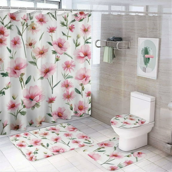 Pink Daisy 4 Pcs Bathroom Shower Curtain Set, Bathroom Sets with Rugs (Bath Mat, U Shape and Toilet Lid Cover Mat) and 12 Hooks,