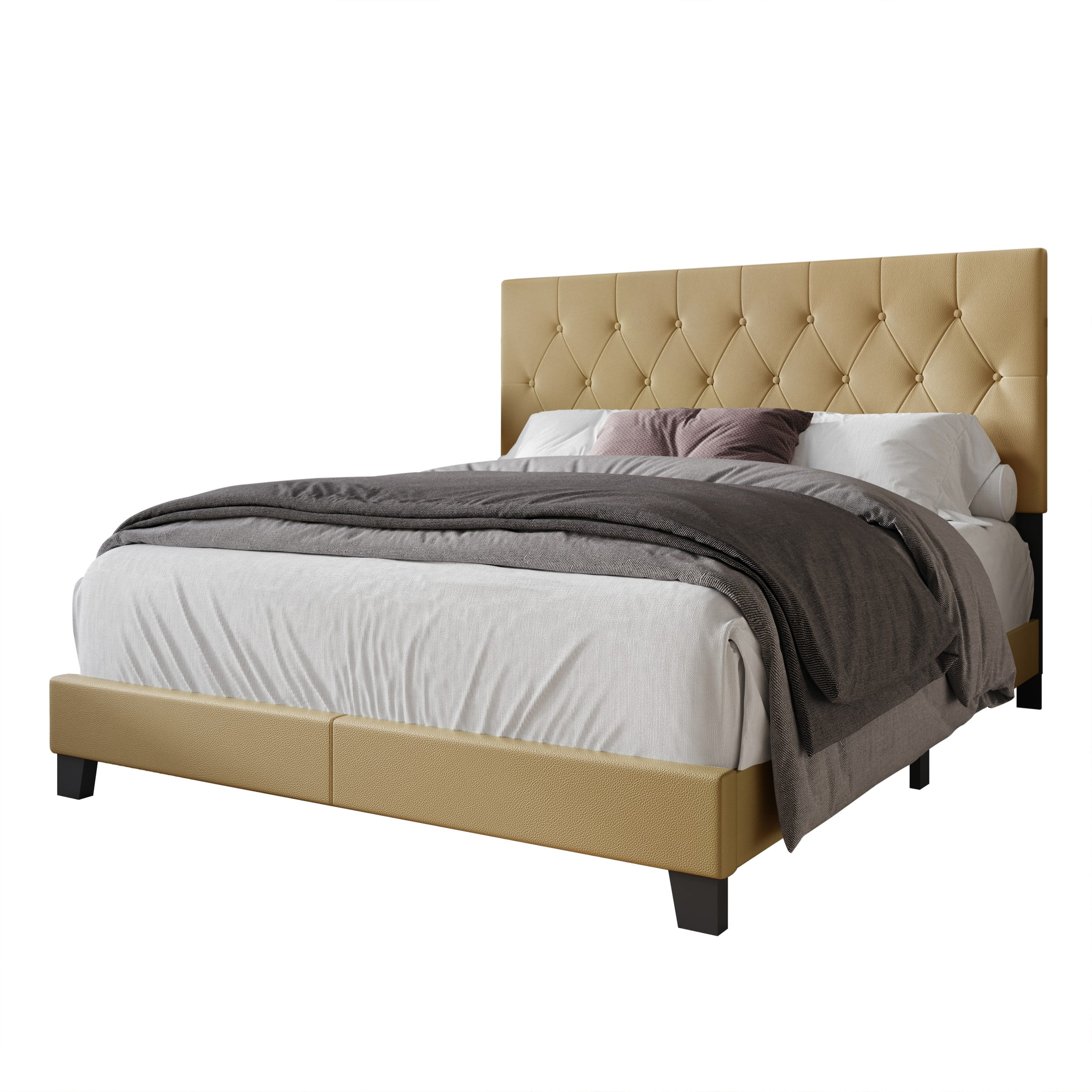 Home Design Omaha Queen Tufted Upholstered Panel Bed Frame, Light Brown, Easy Assembly