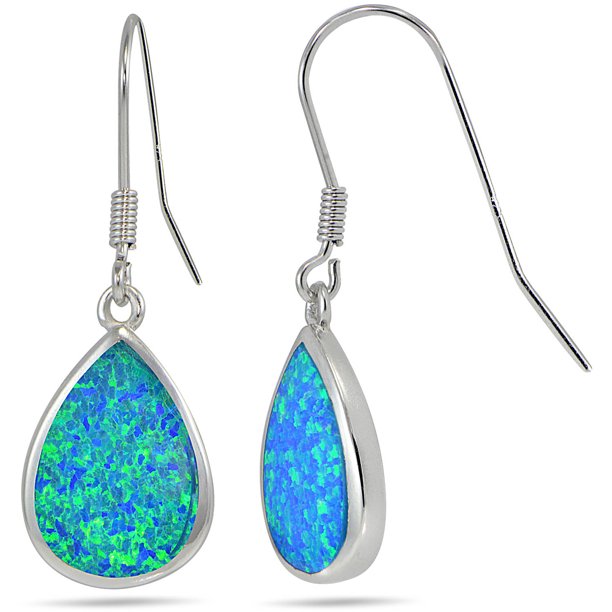 ONLINE Created Blue Opal Sterling Silver Teardrop Dangle Earrings