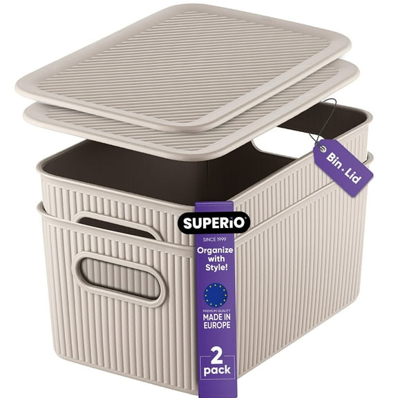 Superio 5L Small Taupe Ribbed Storage Bin with Lid, Plastic Storage Basket (2 Pack)