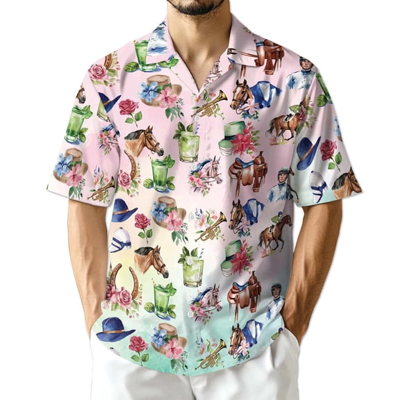 Netecom Kentucky Derby Horse Hawaiian Shirt for Men, Button Down Summer Beach Short Sleeve, S-5XL