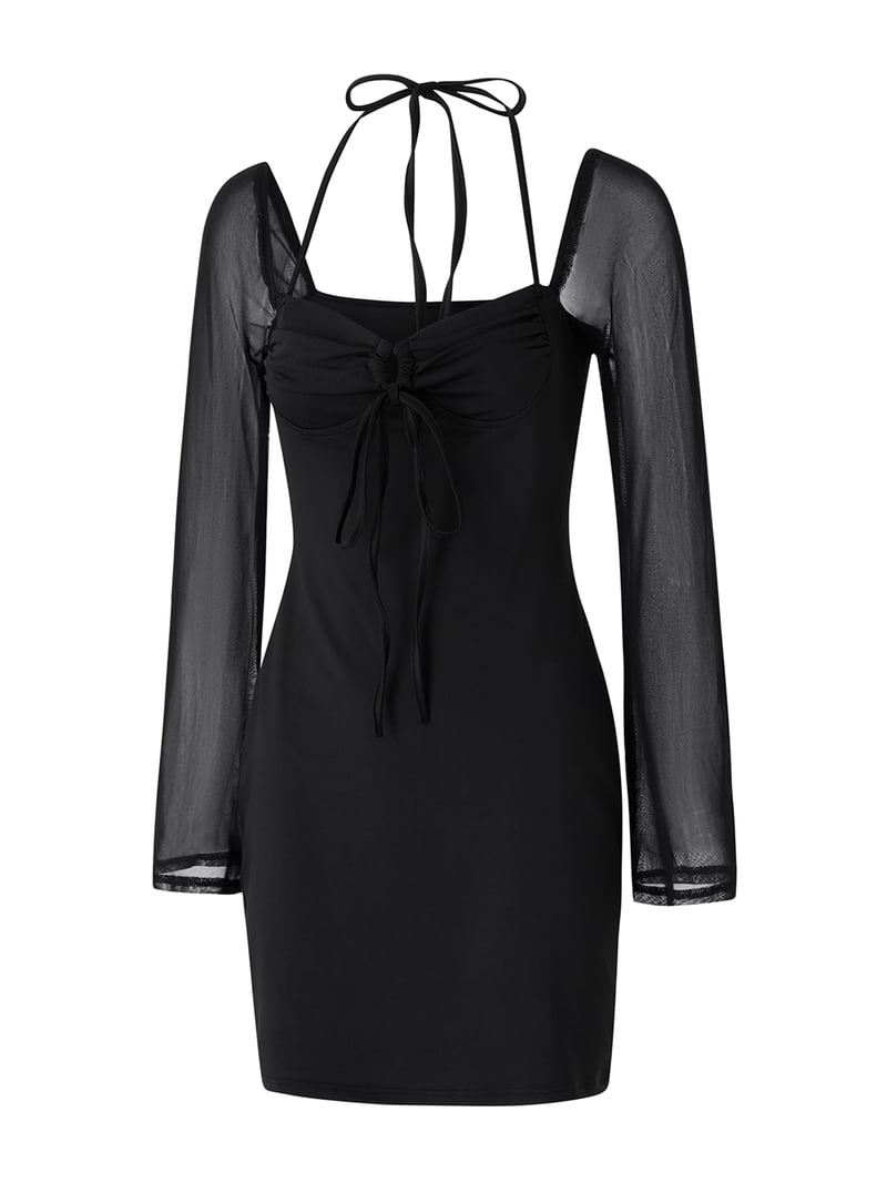 Gureui Women's Halter Bodycon Mini Dress, Long Sleeve Front Drawstring  Ruched Bust Solid Color Slim Fit Club Short Tight Dress - Walmart.com