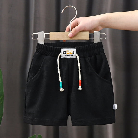 Byoo Toddler Boys Waffle Knit Shorts Elastic Waist Casual Kids Summer Drawstring Shorts,Black