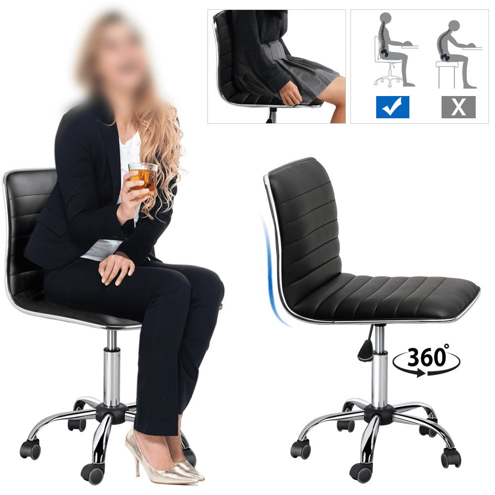 Yaheetech Adjustable Office Chair PU Leather Armless Chair with Wheels, Black