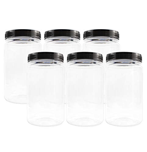 32oz Clear Plastic Jars with Black Ribbed Lids (6 pack), 32-Ounce Canisters for Kitchen & Storage