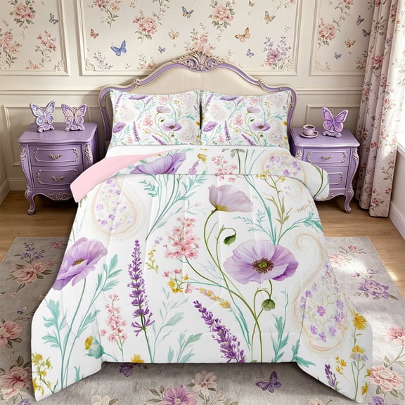 Manfei Boho Flower Paisley Full Size Comforter Sets 3-Piece,Spring Garden Bedding Comforter Set,1 Comforter and 2 Pillowcases,Reversible