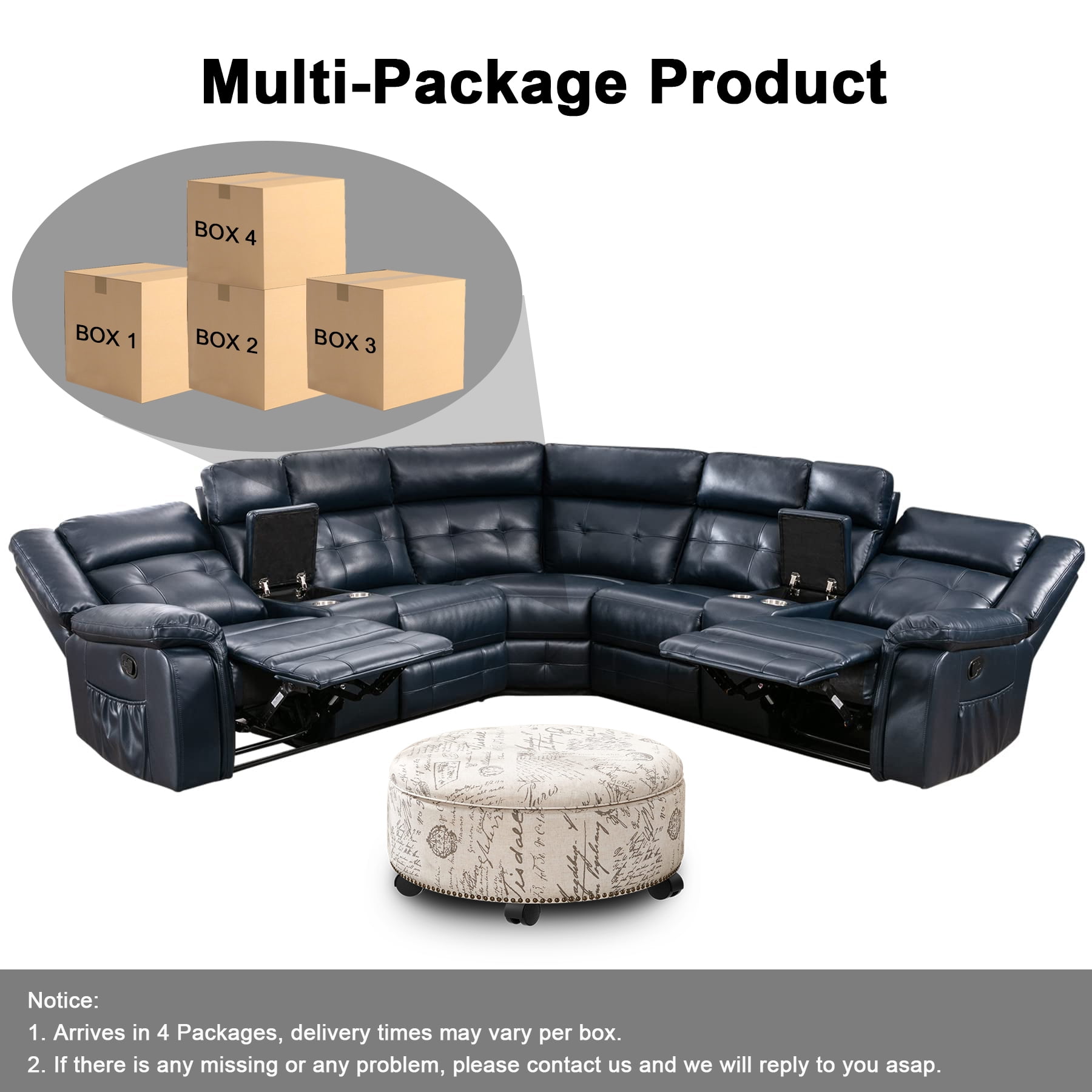 Nathaniel Home Modern Bonded Leather Reclining Sectional Sofa Living Room Set Deep Blue