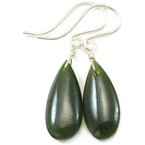 Sterling Silver Nephrite Green Jade Earrings Dainty Smooth Teardrop Drops Designed for Adult Women