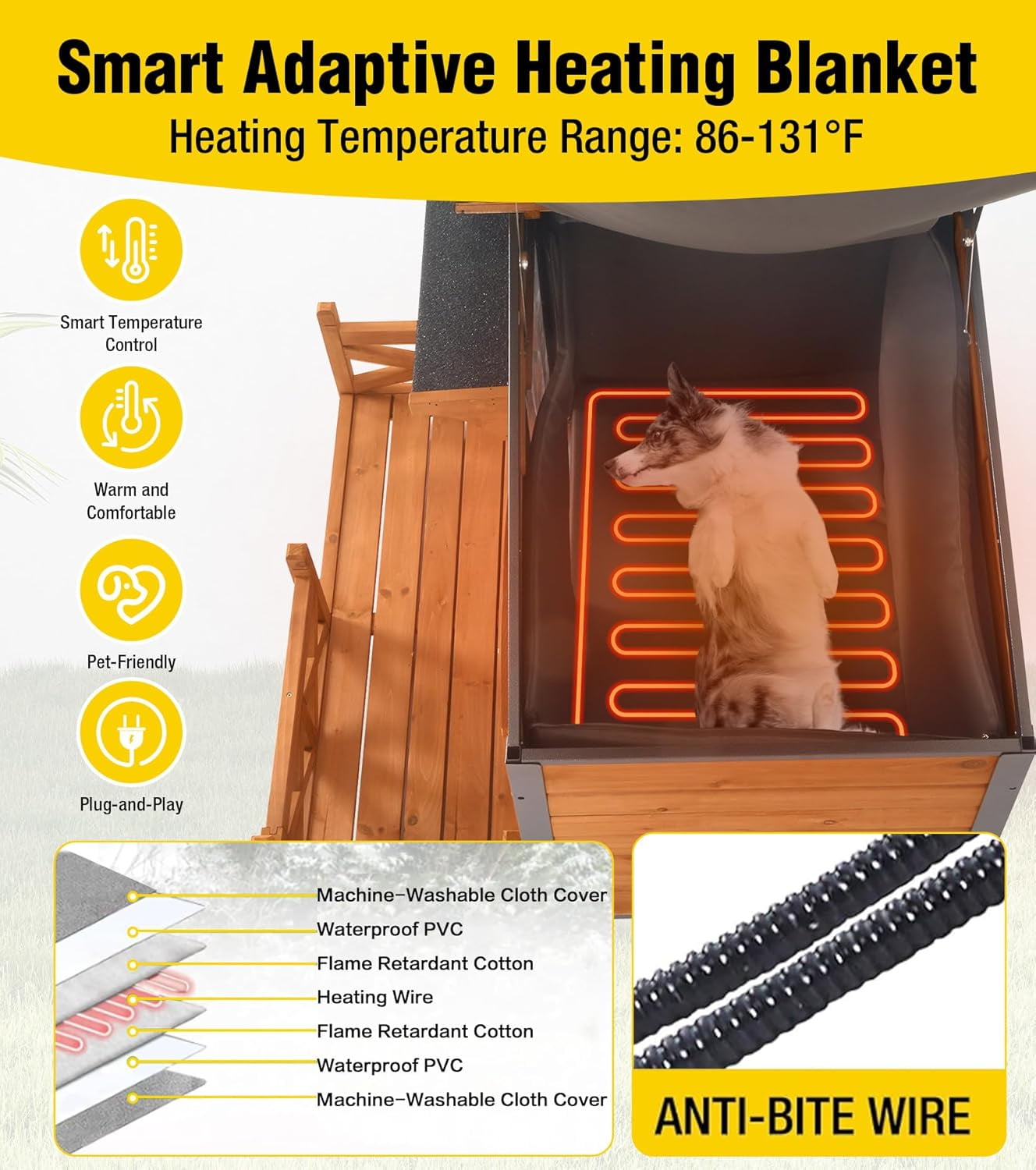 Aivituvin Heated Dog House Outdoor Dog Kennel with Safe Heated Pad, Chew-Proof Metal Frame and Rotating Food Bowl for Small to Medium Dogs, 44.6" L x 41.1" W x 32.9“H (Brown)