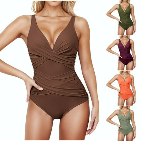Jinhomg Tummy Control Swimsuits for Women Slimming One Piece Bathing Suit Plain Ruched Push Up Swimwear Ladies Fashion Vacation Beach Outfits Purple L