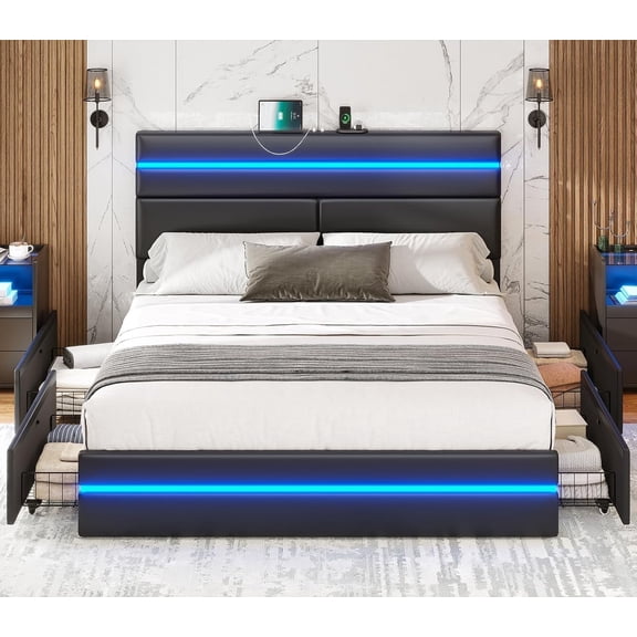 Queen Size Bed Frame with Storage Drawers & Charging Station Upholstered Modern Black Led Bed with LED Lights