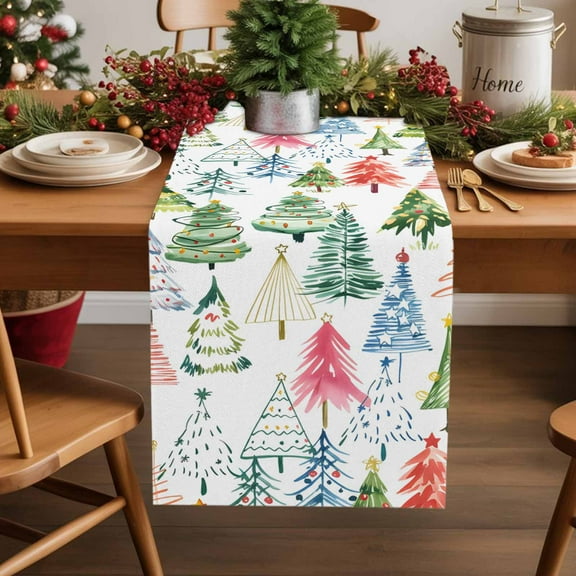 Table Runner 13x70in Inches Long, Christmas Tree Colorful Pine TreeLinen Washable Dresser Scarf Watercolor Xmas Trees Cartoon StyleKitchen Dinning Tablerunners for Holiday/Party/Home Tables Decor