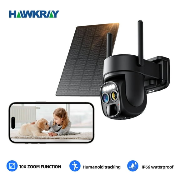 Hawkray 10x Zoom 360° Solar Panel 2K FHD 5G/2.4GWiFi Black Camera CCTV IP Security Camera Wireless Outdoor, IP66 Waterproof with AI Motion Detection, Color Night Vision and Two-Way Audio