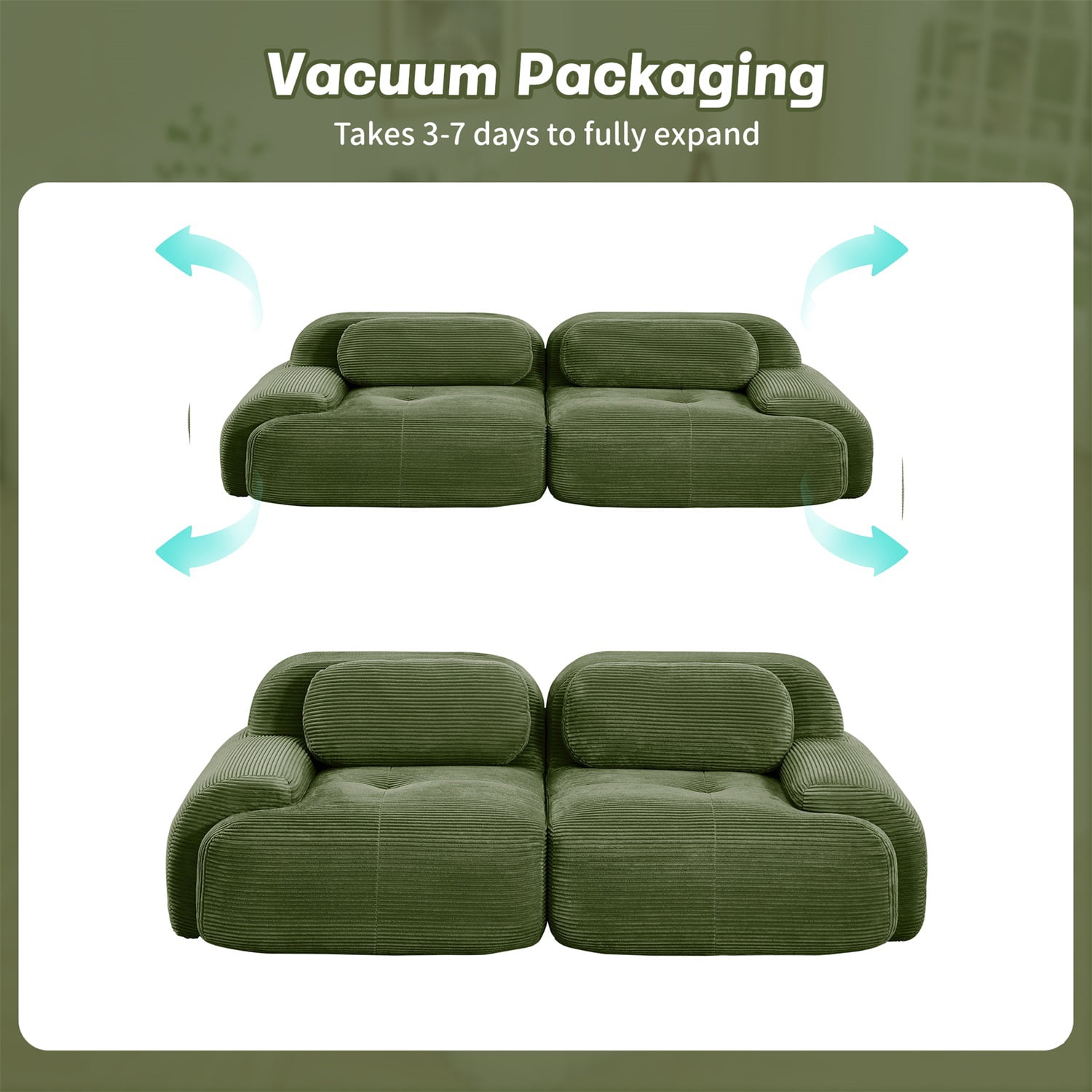 Hommoo 82" Luxury Corduroy Fabric Modular Loveseat Sofa, Multiple Combinations 2 Seater Sofa Couches with Curved Armrests, for Living Room Apartment, Green