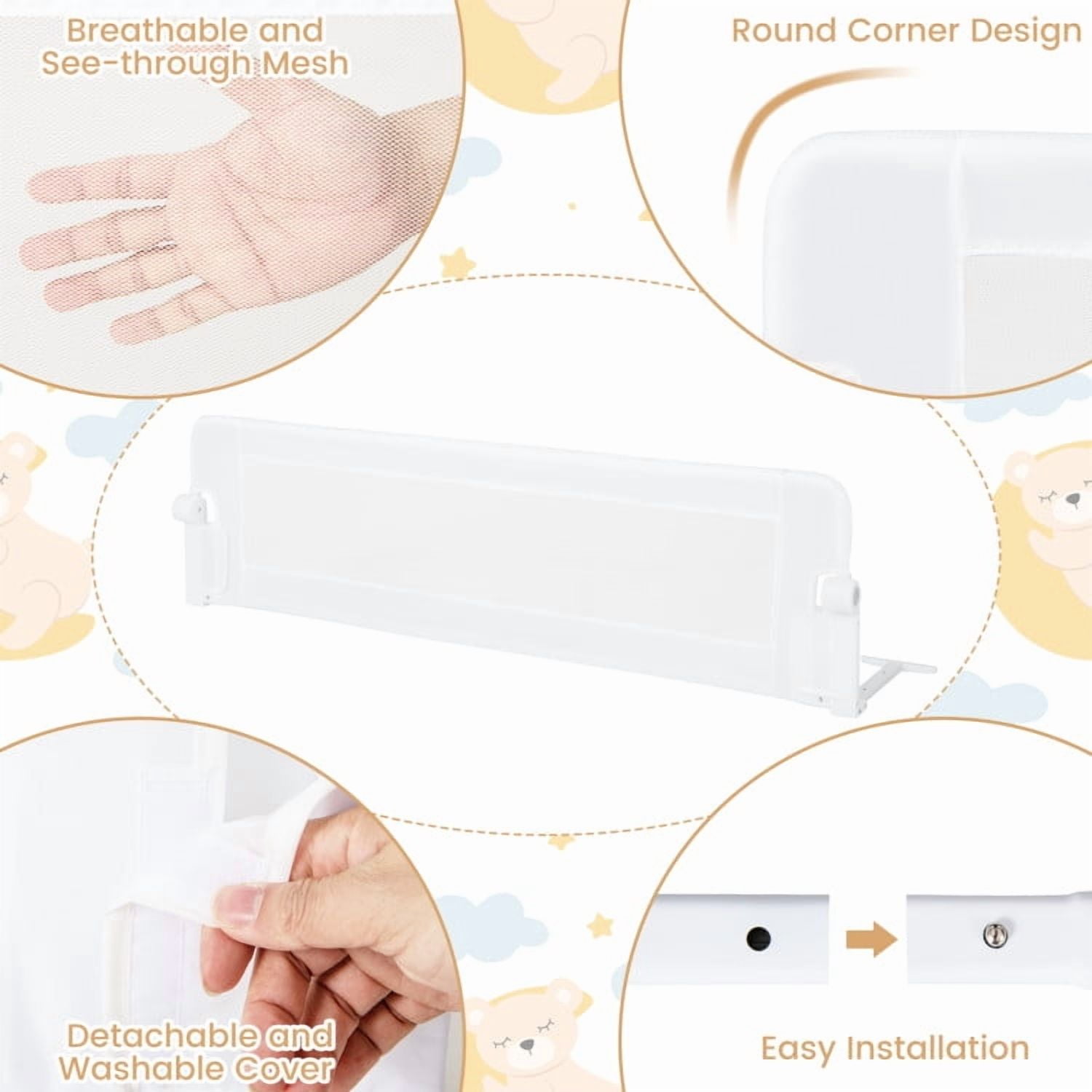 Spaco 60-Inch Foldable Bed Rail Swing Down Baby Bed Guard Rail with Adjustable Safety Strap-White, Bed Rail for Queen, King, Twin, and Bunk Size Beds
