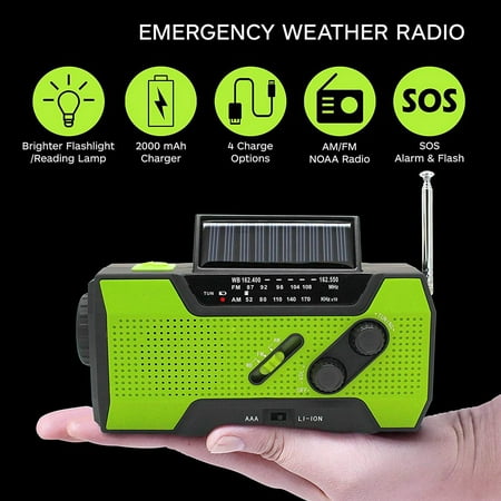 Emergency Solar Hand Crank Weather Radio AM/FM NOAA with Portable 2000mAh Power Bank, Bright Flashlight and Reading Lamp for Household Emergency and Outdoor