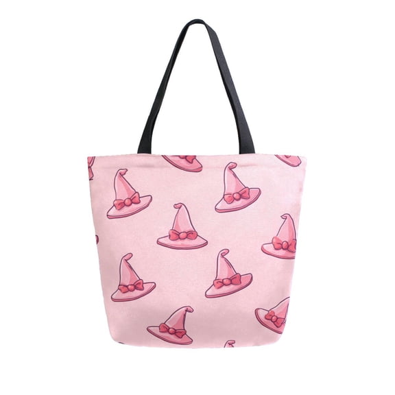 Open Top Canvas Tote Bag with Zipper Reusable Shopping Bag 13.5x15" Roomy Carryall Pink Cartoon Witch Hats