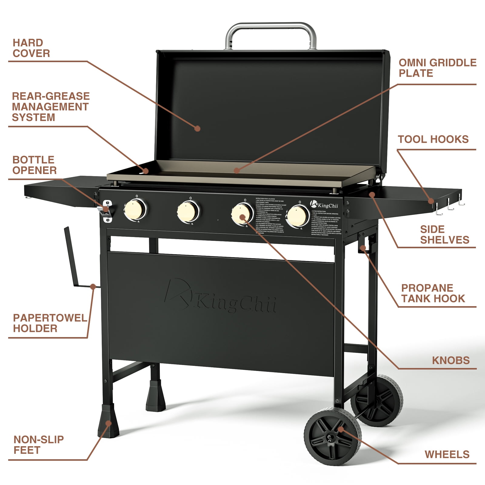 KingChii 4-Burner 30.6" Propane Griddle Outdoor Flat Top Gas Grill Griddle with Hard Cover for Camping, Tailgating, BBQ, Parties, Backyard & Patio