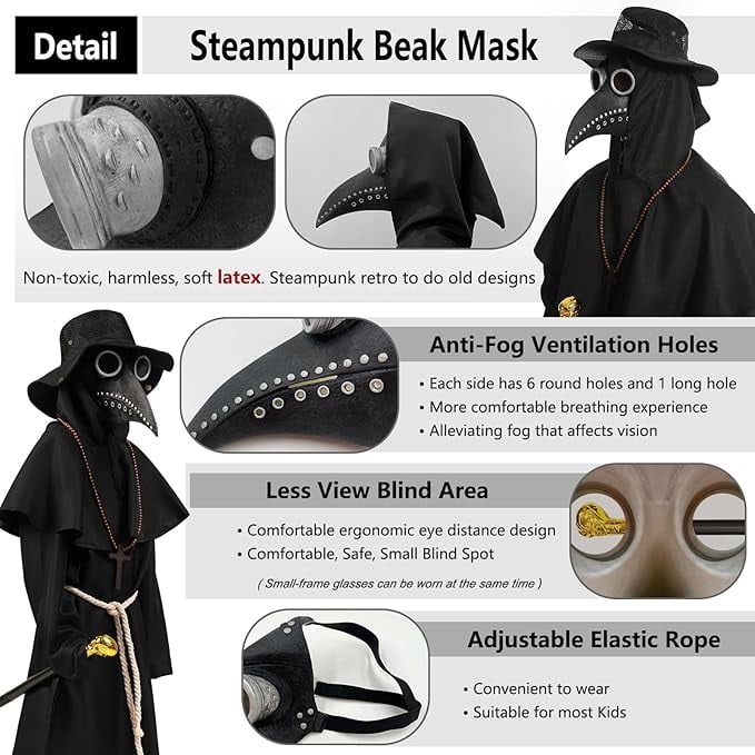 Costume du Médecin de Peste, Costume Halloween Homme, Costume Docteur Peste Steampunk Hommes, Costume d'Halloween Masque avec Ensemble D'accessoires pour Halloween Déguisement Fête Cosplay (XXL