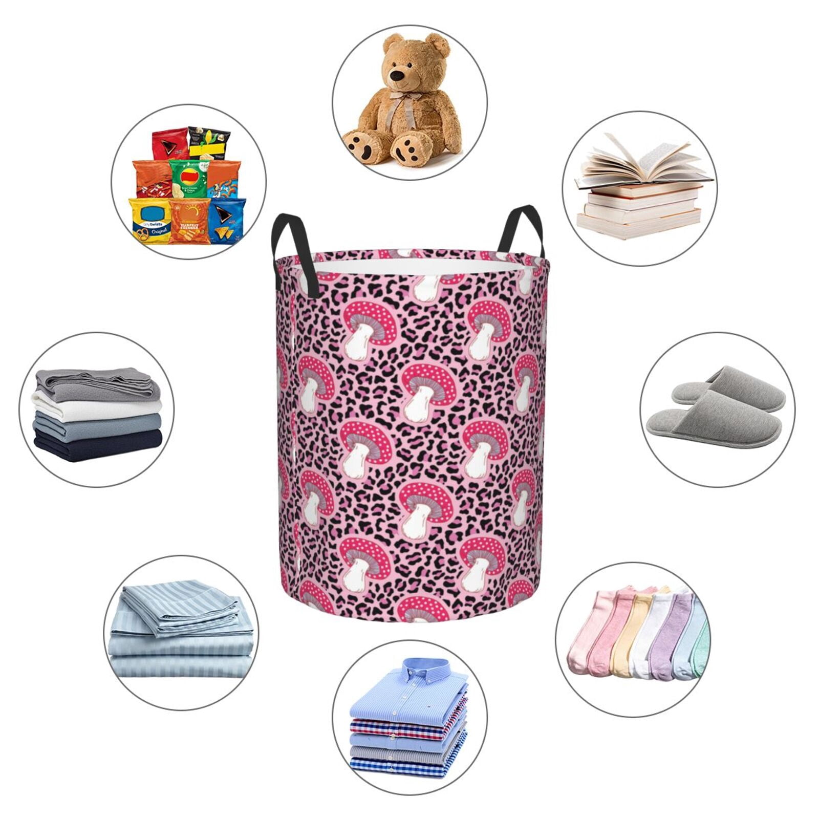 Large Laundry Basket with Handles - Pink Leopard Print Mushroom Kids Baby Dirty Clothes Laundry Hamper for Bedroom Aesthetic
