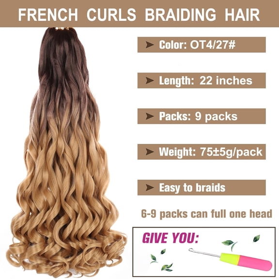 WEIF-French Curly Braiding Hair - 22 Inch, 9 Packs, Pre Stretched, French Curl, Bouncy, Ombre Brown to Blonde, Loose Wavy, Synthetic Hair Extensions for Black Women