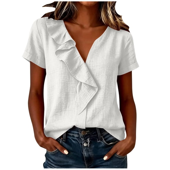 Aezemi Women Ruffle V Neck Shirts Summer Fashion Pullover Faux Linen Cotton Lightweight Beach Vacation Tops Womens Trendy Outdoor Comfy Casual Lightweight Tees S