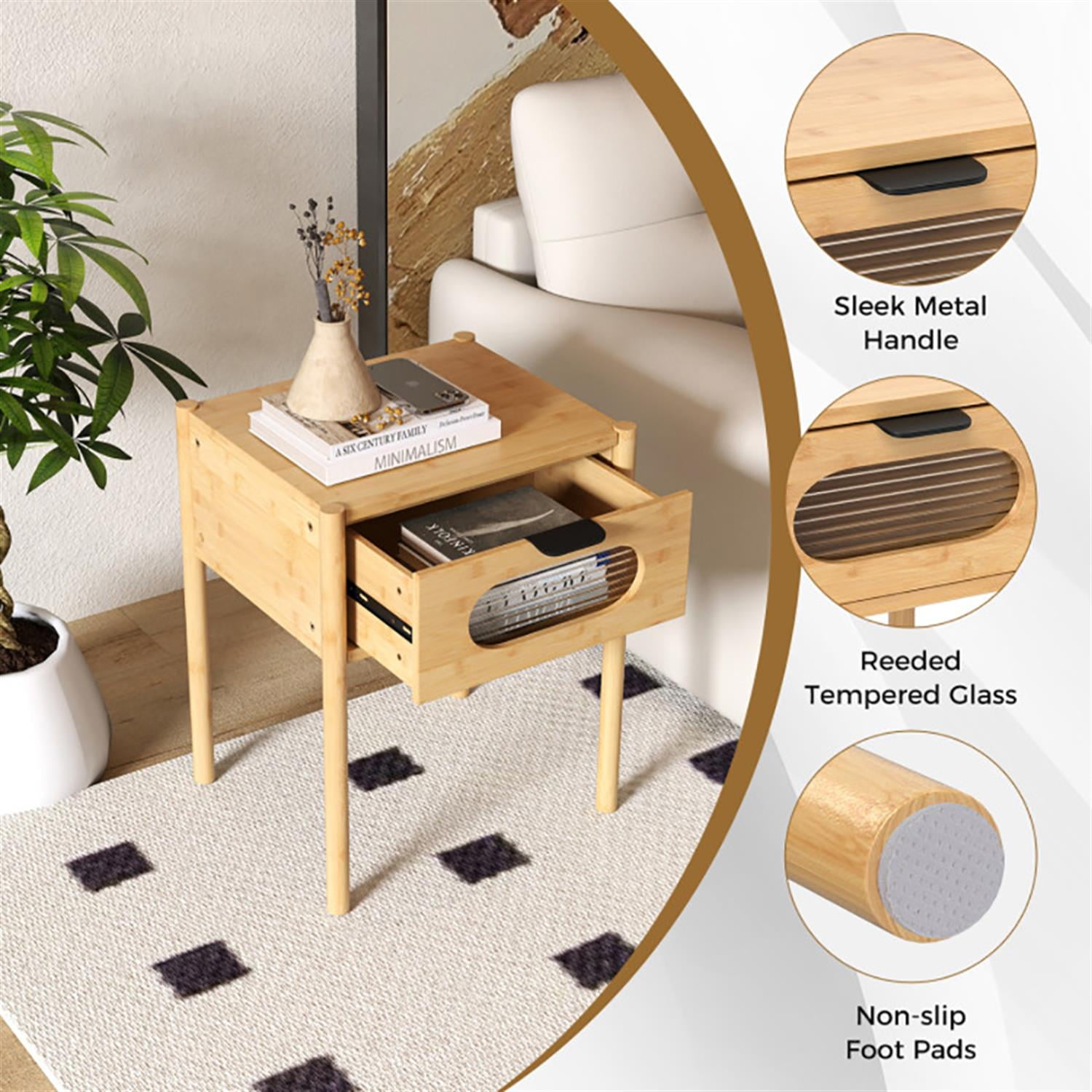 Demi Bonn Modern Bamboo Nightstand with Decorated Drawer, Small Night Stand Square Tall End Table Side Furniture, Storage Organizer for Bedroom, Beige