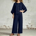 thumbnail image 4 of BRELIL Women Plus Size Two Piece Set Round Neck Batwing Sleeve Tops Wide Leg Pants Casual Loungewear Solid Boho Vacation Outfits Loose Travel Tracksuit, Navy 2XL, 4 of 7